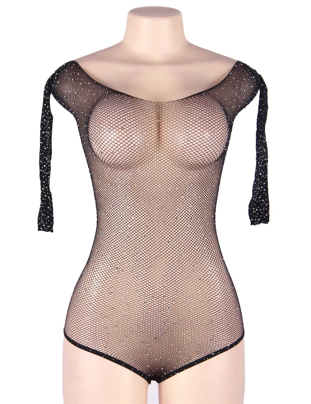 Black Fishnet Long - Sleeve Off - Shoulder Rhinestone Bodysuit - TeaseFashion