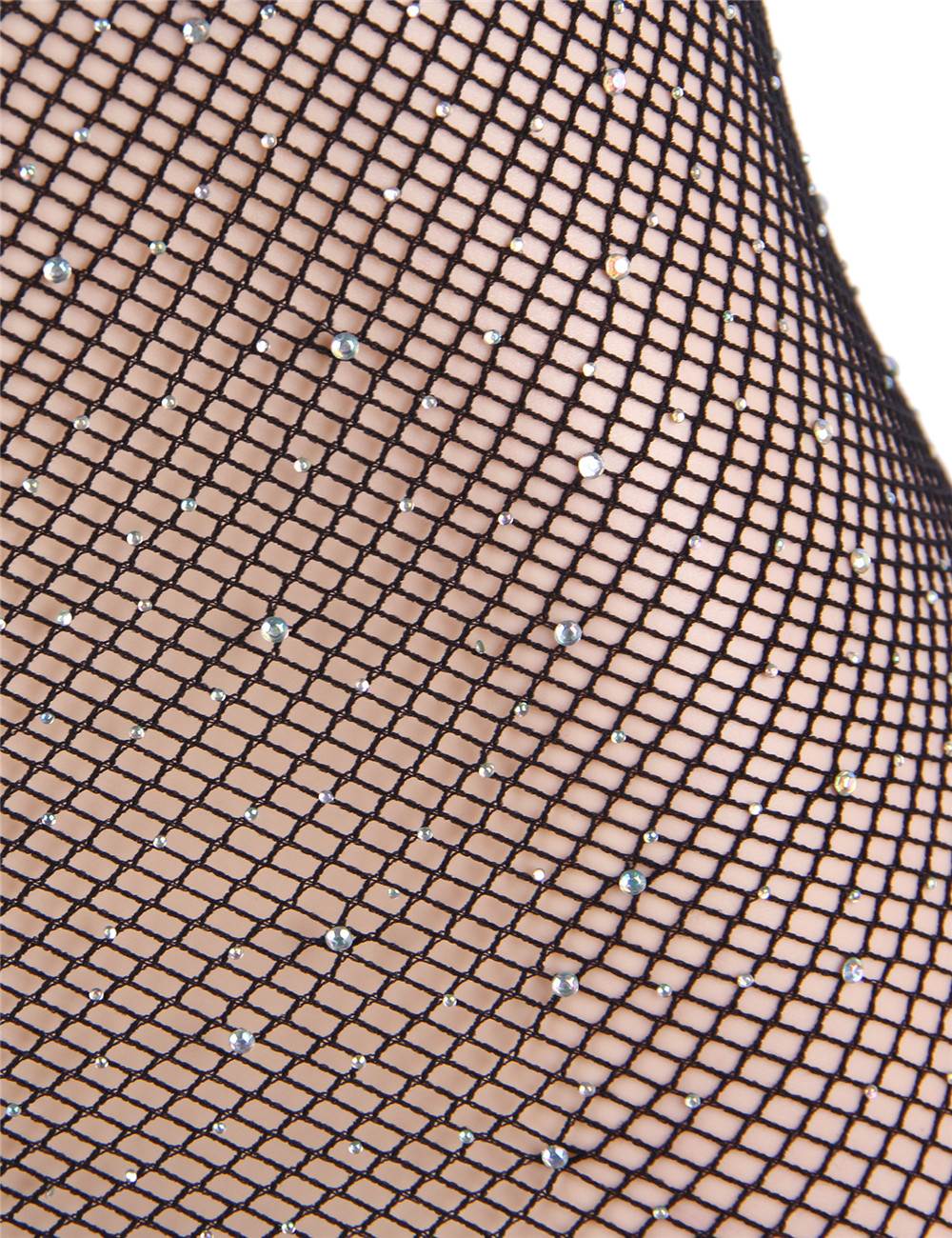 Black Fishnet Off - Shoulder Crystal Sparkle Bodystocking - TeaseFashion