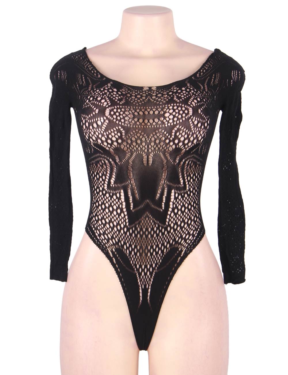 Black Floral Fishnet Long - Sleeve Round - Neck Bodystocking - TeaseFashion