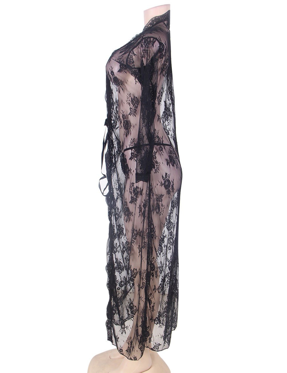 Black Floral Lace Babydoll – Open Front, Long Sleeve & Silk Ribbon - TeaseFashion