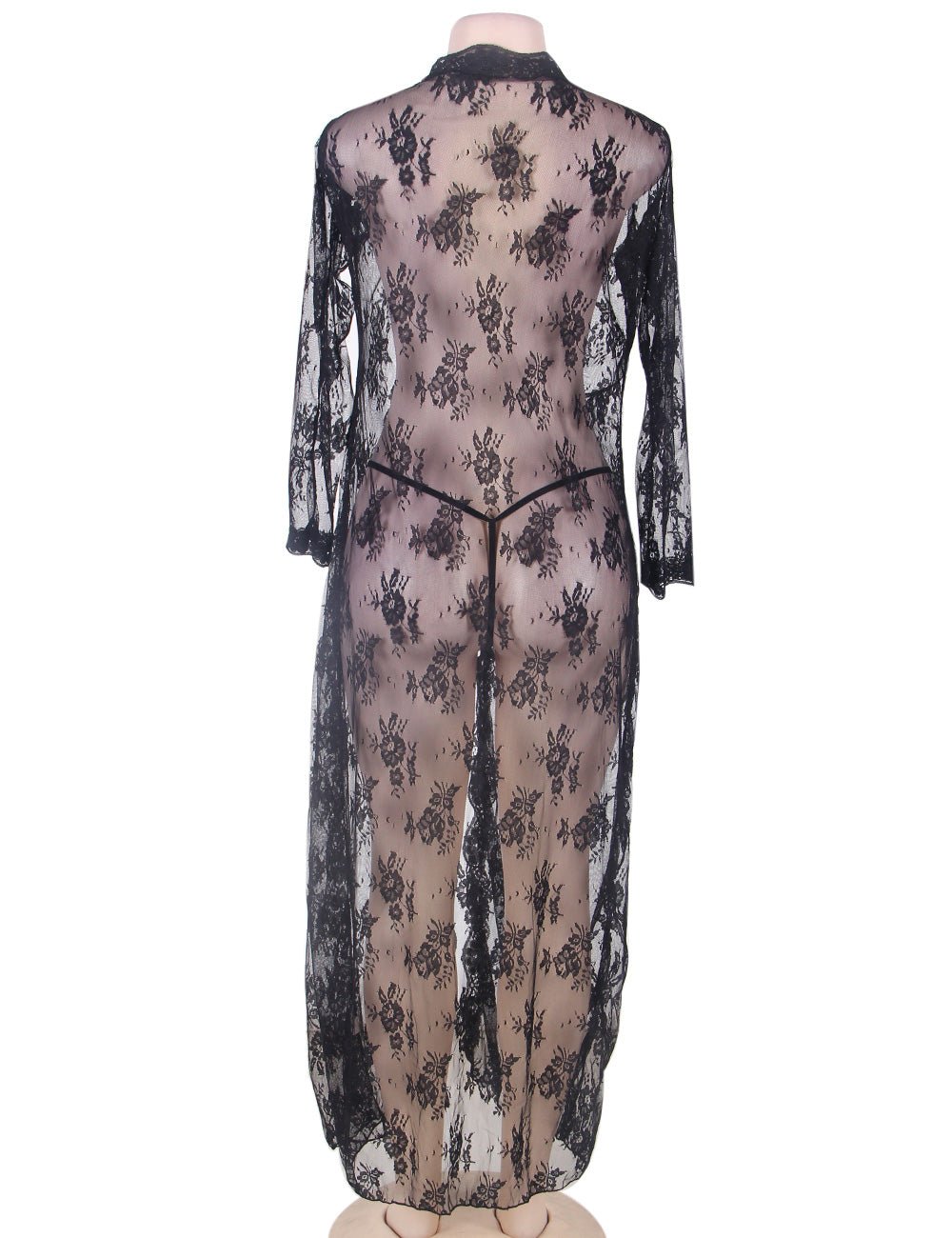 Black Floral Lace Babydoll – Open Front, Long Sleeve & Silk Ribbon - TeaseFashion