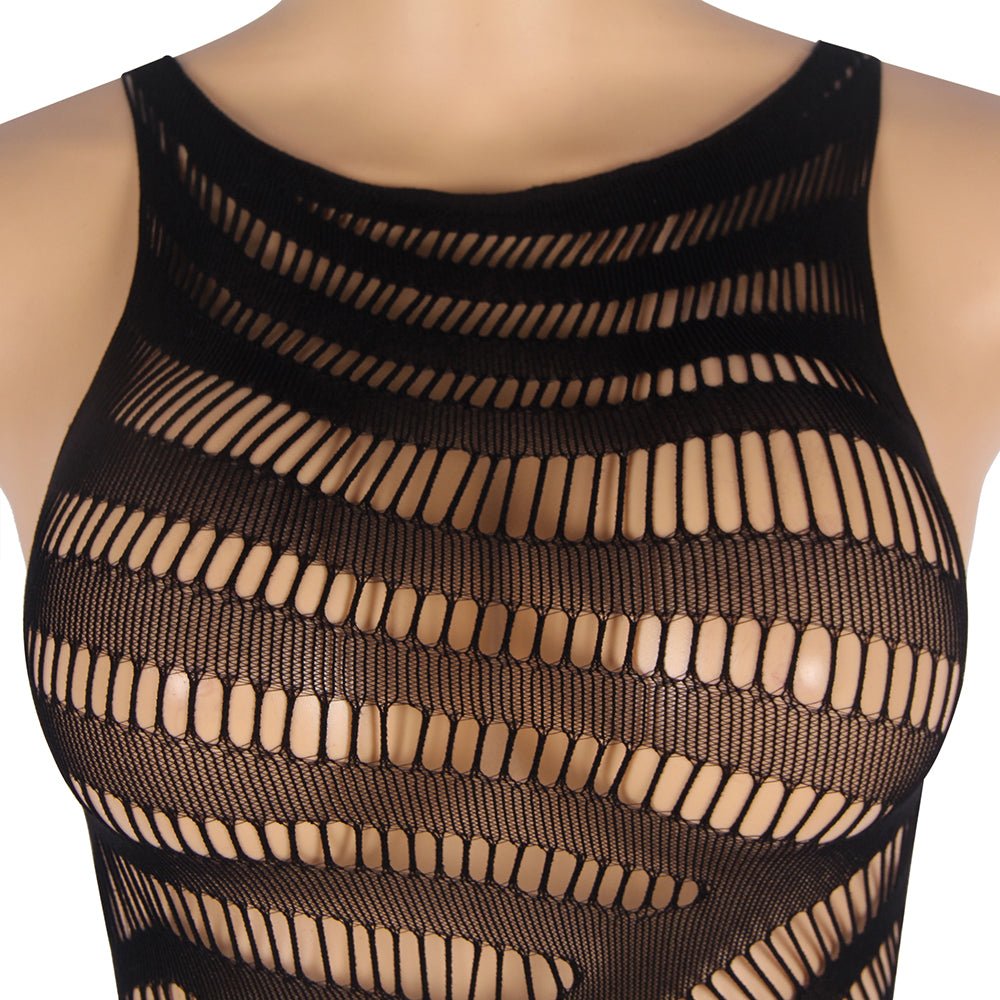 Black Hollow - Out Short Sleeveless Bodystocking - TeaseFashion