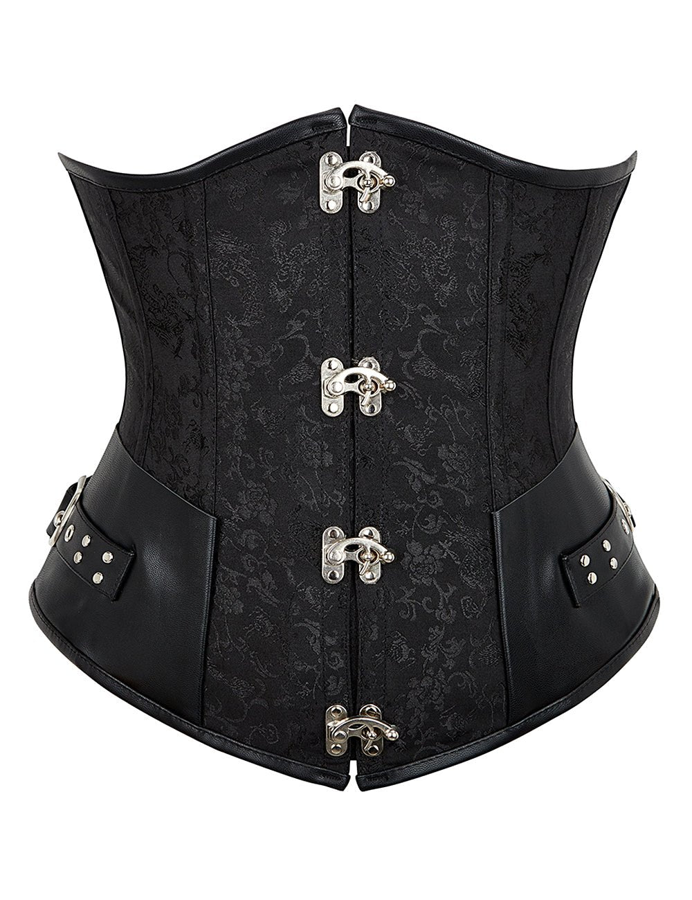 Black Jacquard Corset – Faux Leather Splicing, 12 Steel Bones & Busk - TeaseFashion