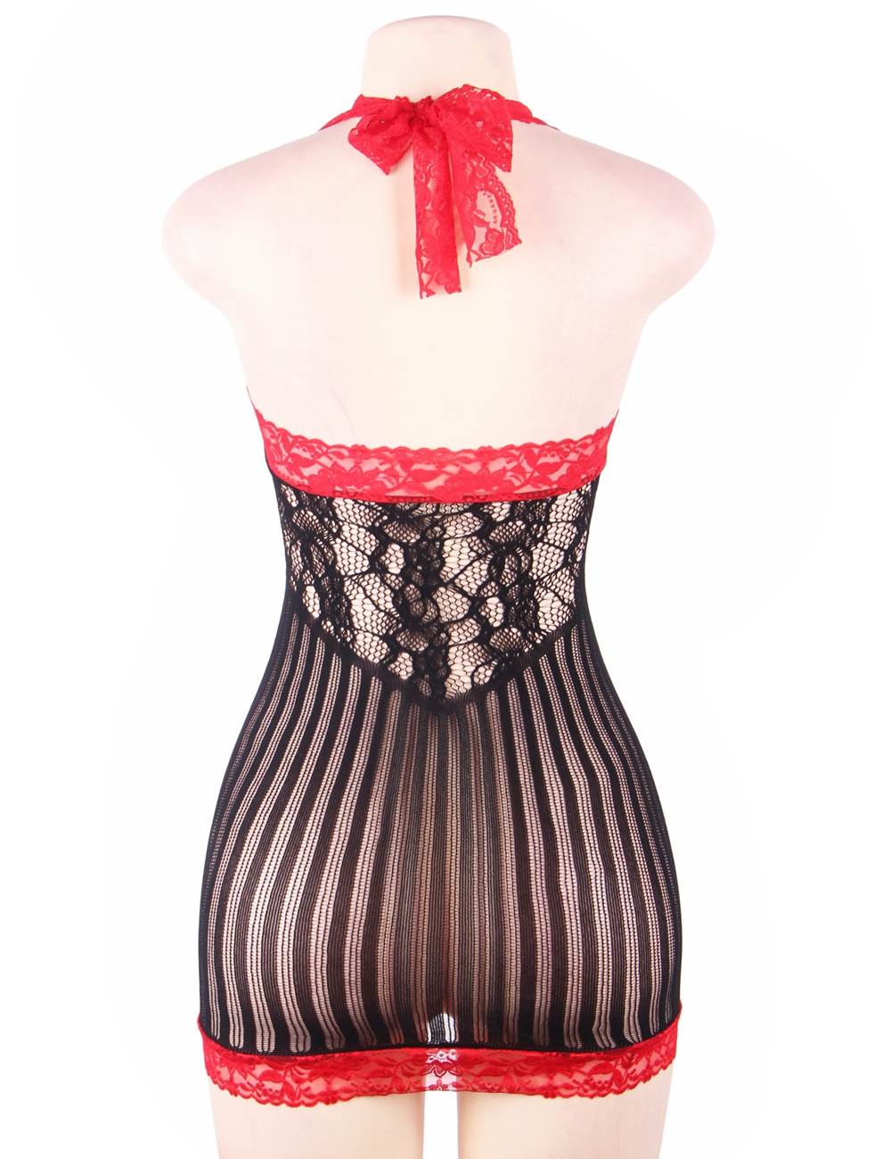 Black Lace Halter - Neck Open - Back Bodystocking with Wrist Bracelet - TeaseFashion