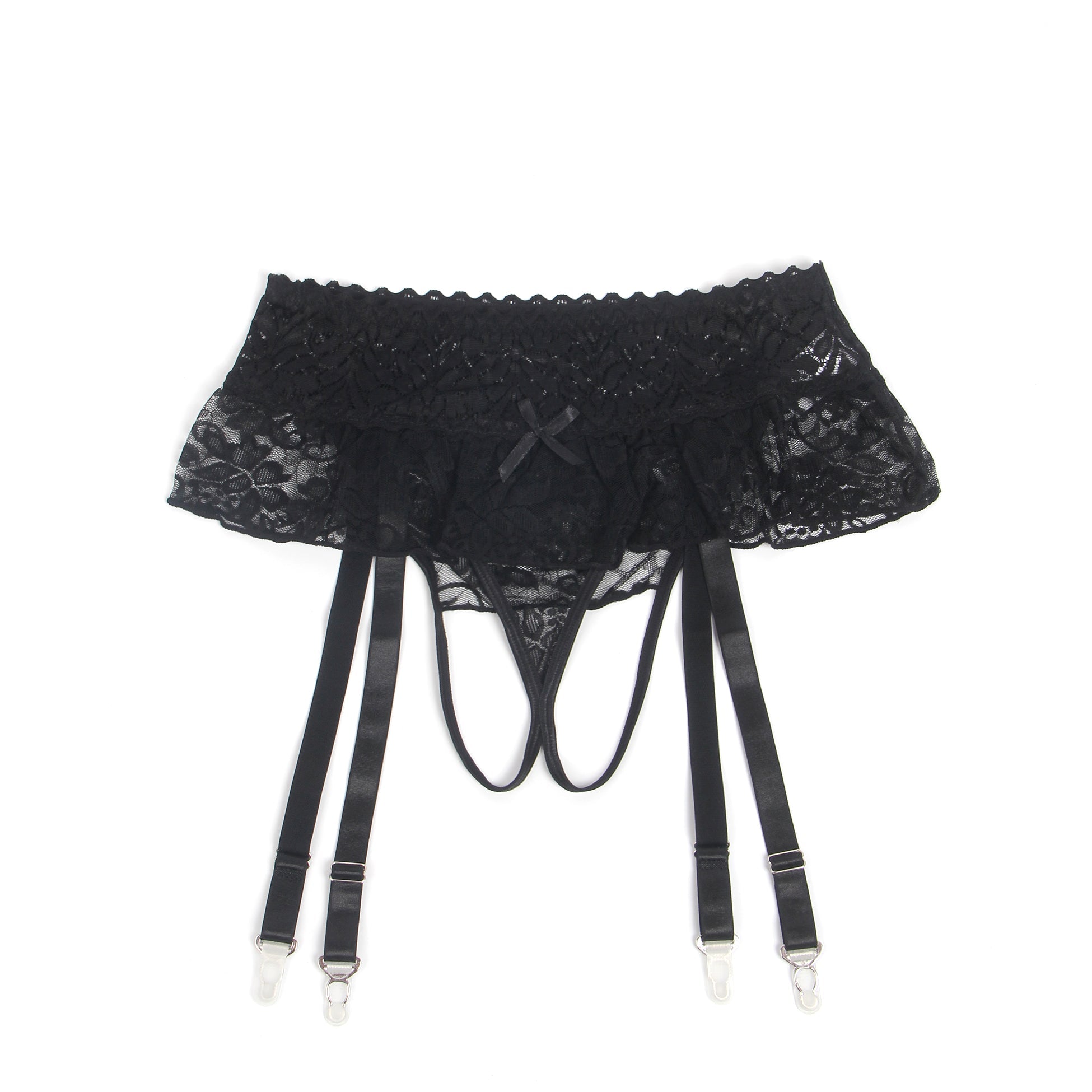 Black Lace Mesh One - Piece Garter Panty with Ruffled Hem & Hollowed Back - TeaseFashion