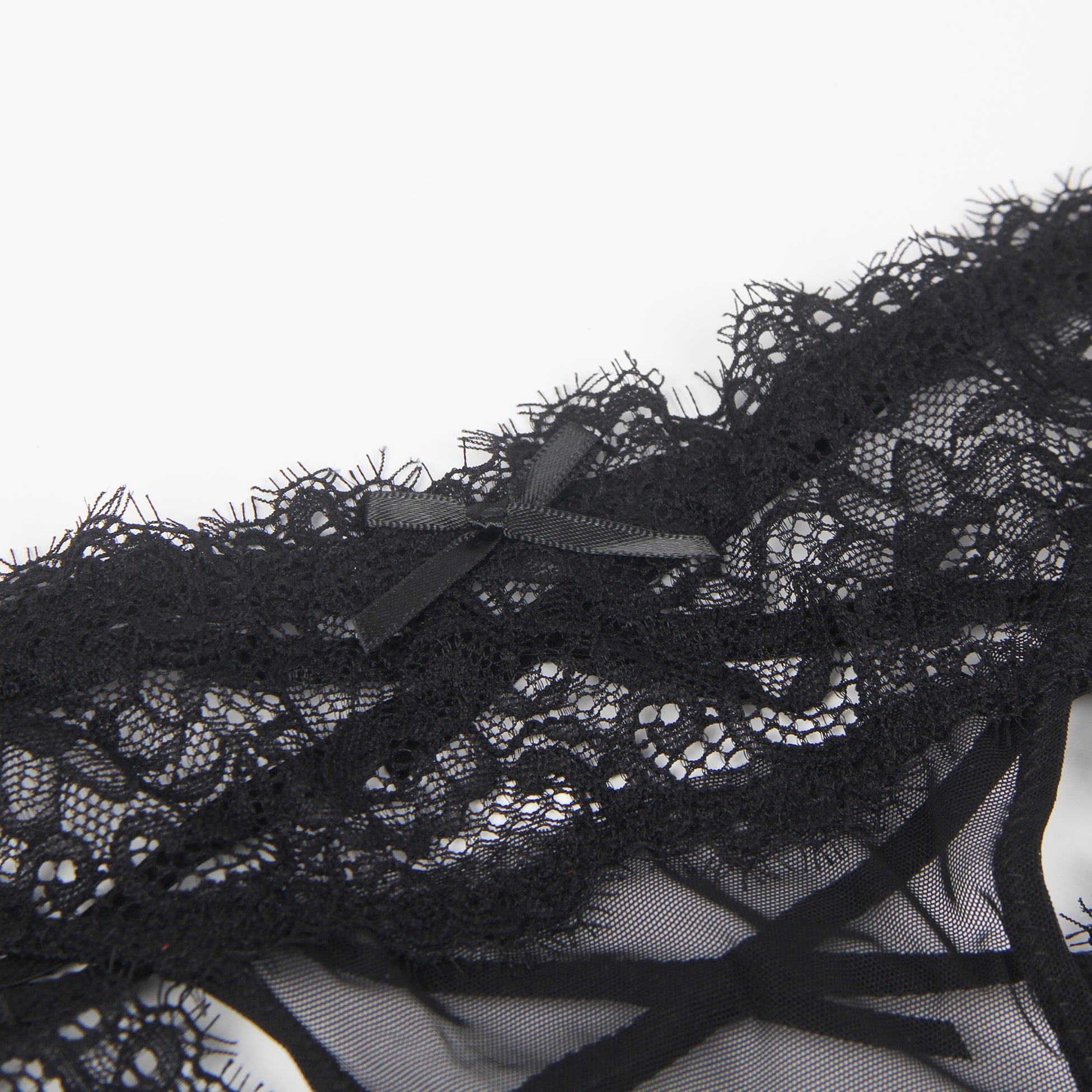 Black Lace & Mesh Panty – V - Back with Cross - Stitch & Bow Detail - TeaseFashion