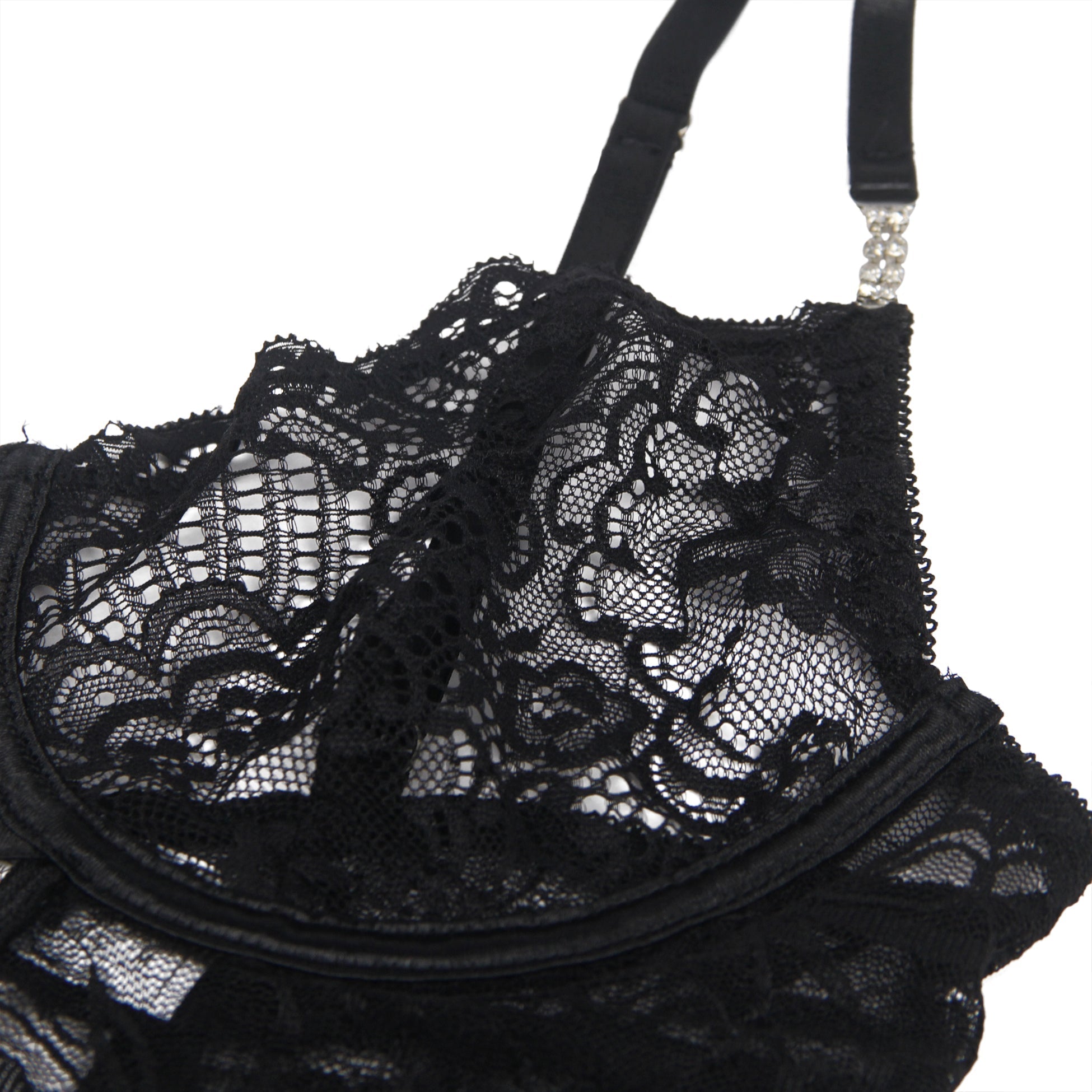 Black Lace Underwired Babydoll with Heart - Lace Side Slit & Adjustable Back Closure - TeaseFashion