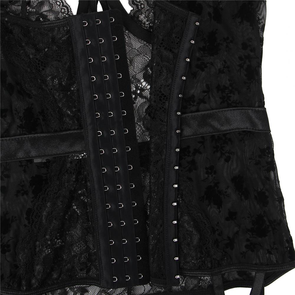 Black Lace & Velvet Underwire Garter Lingerie Set – Push - Up Bra, Cut - Out Cleavage, Hook Back & Stocking Straps - TeaseFashion