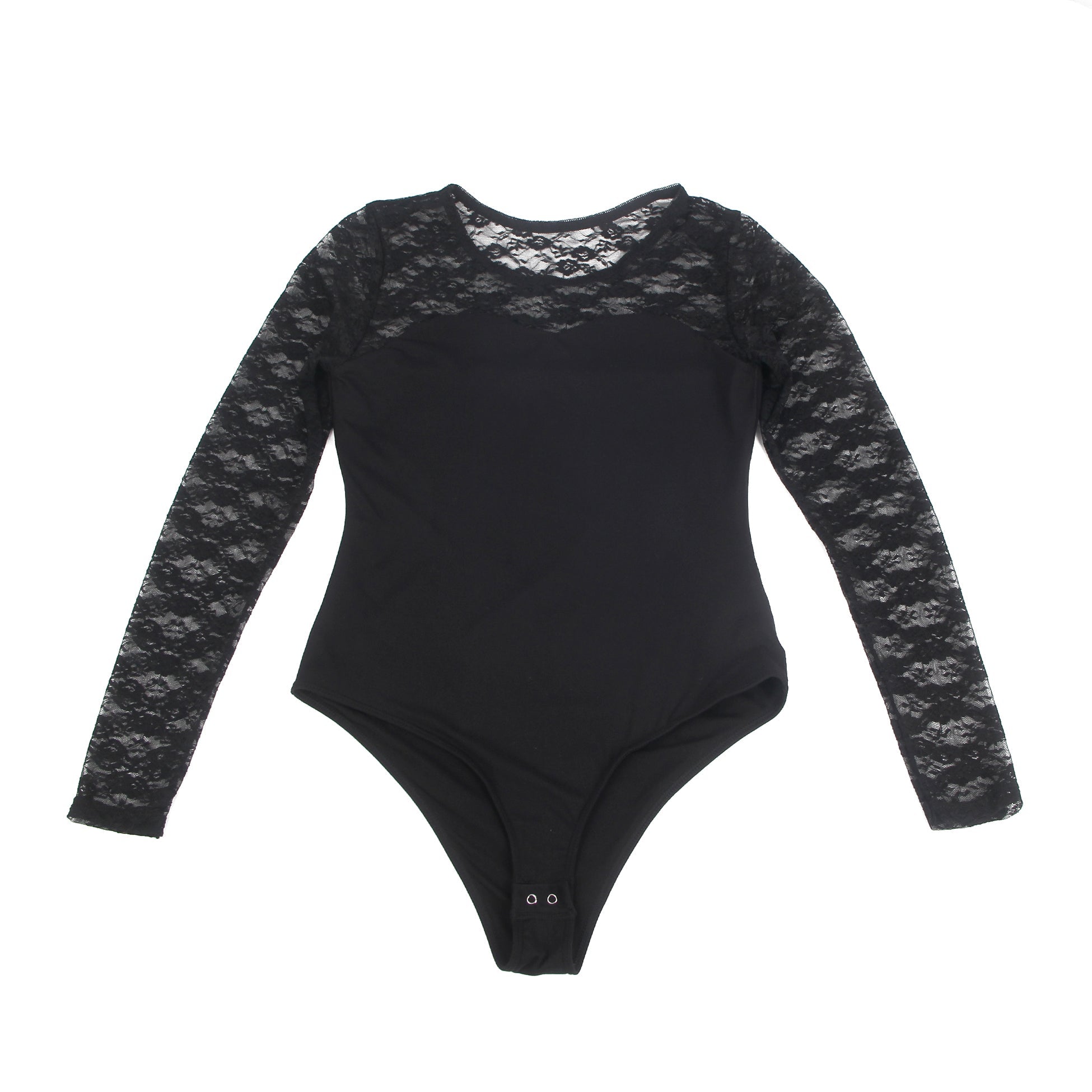 Black Long Sleeve Bodysuit – Lace Mesh on Chest, Sleeves & Back - TeaseFashion