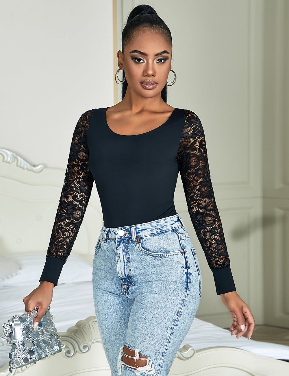 Black Long Sleeve Bodysuit – Lace - Stitched Sleeves, Bonded Cuffs & Round Neck - TeaseFashion