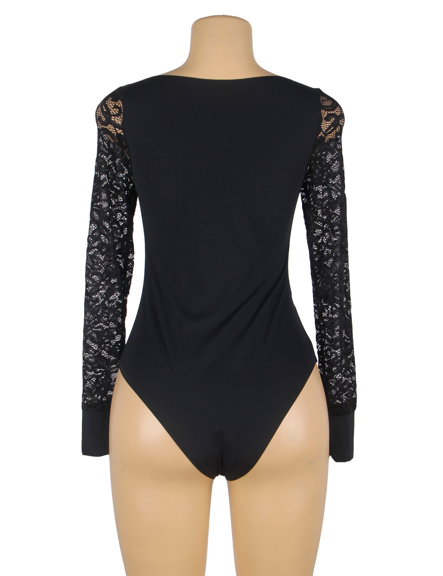 Black Long Sleeve Bodysuit – Lace - Stitched Sleeves, Bonded Cuffs & Round Neck - TeaseFashion
