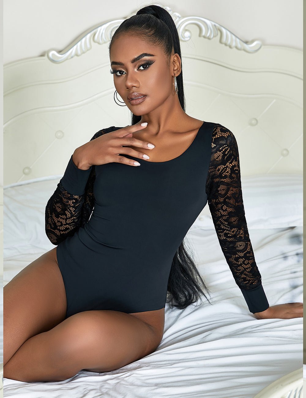 Black Long Sleeve Bodysuit – Lace - Stitched Sleeves, Bonded Cuffs & Round Neck - TeaseFashion