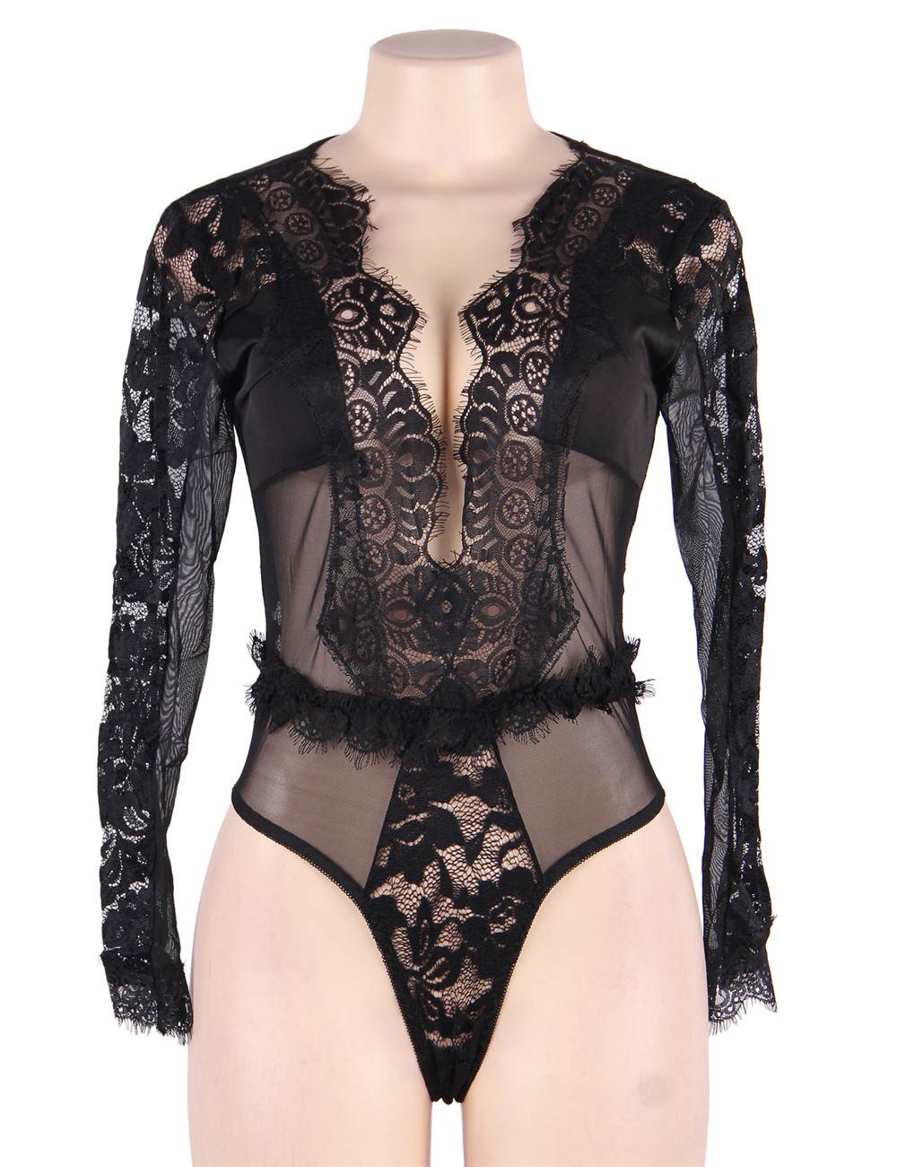 Black Long Sleeve Lace Teddy – Eyelash Waist Detail & Swimwear Bust - TeaseFashion