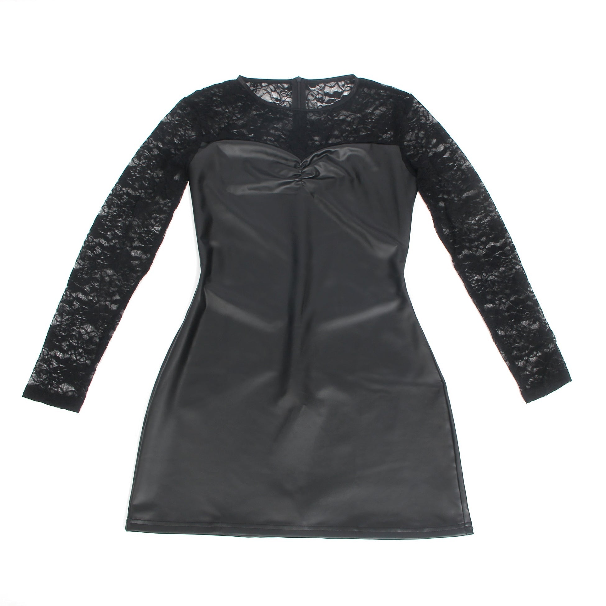 Black Long - Sleeve PU Leather Mini Nightdress – Lace Mesh Back Splicing, Pleated Front & Back Zipper - TeaseFashion