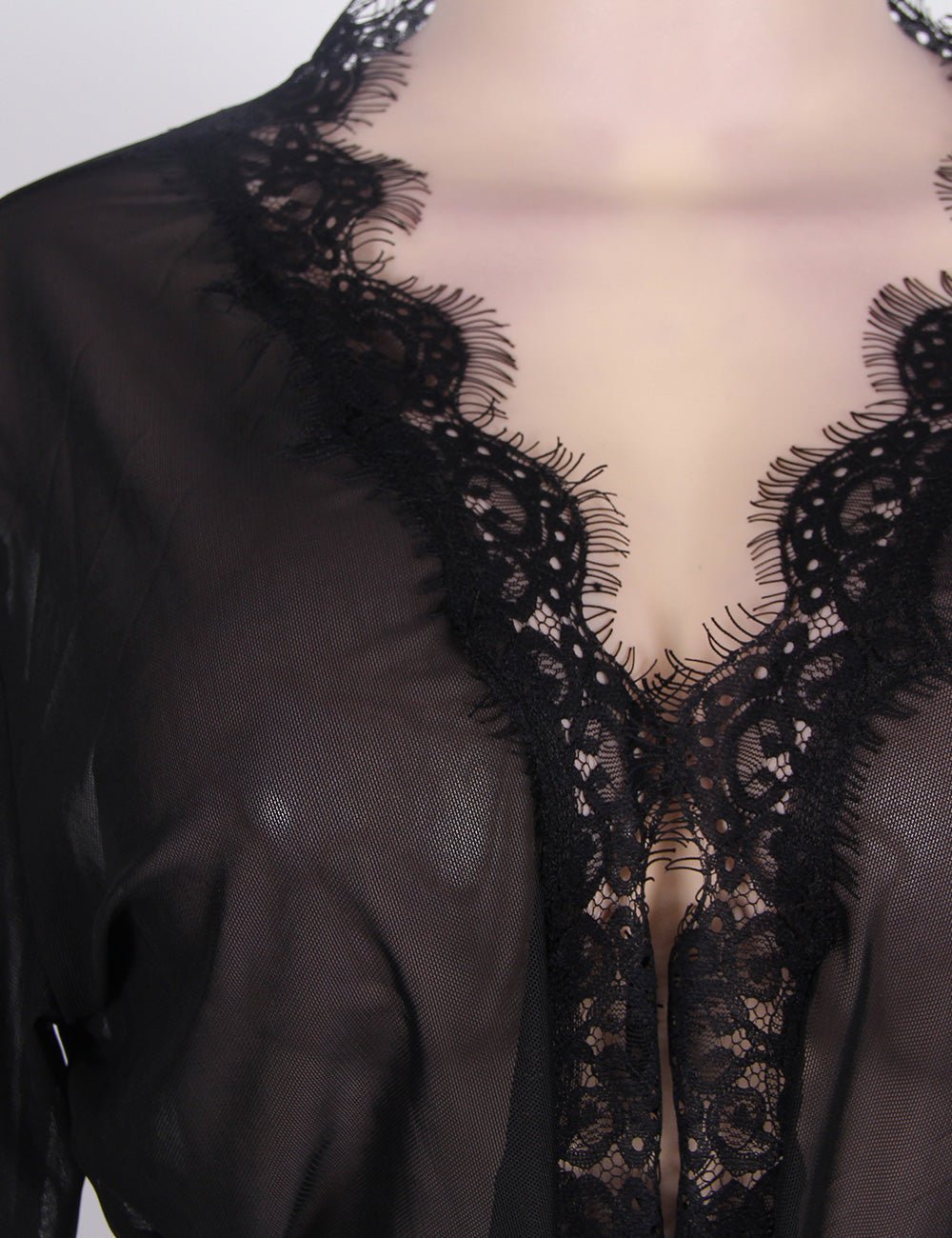 Black Mesh Babydoll Robe – Long Sleeve, Eyelash Lace Trim, Faux Silk Belt & Matching Thong - TeaseFashion