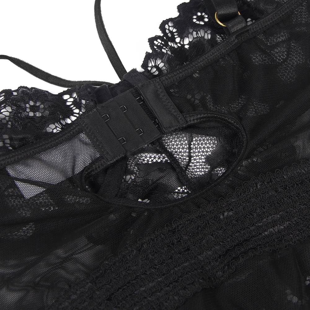 Black Mesh Lace Garter Babydoll Lingerie Set – Steel Ring Cups, Circular Hollow - Out Back, Elastic Waist, Suspenders & Thong Included - TeaseFashion