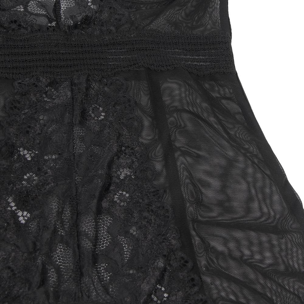 Black Mesh Lace Garter Babydoll Lingerie Set – Steel Ring Cups, Circular Hollow - Out Back, Elastic Waist, Suspenders & Thong Included - TeaseFashion