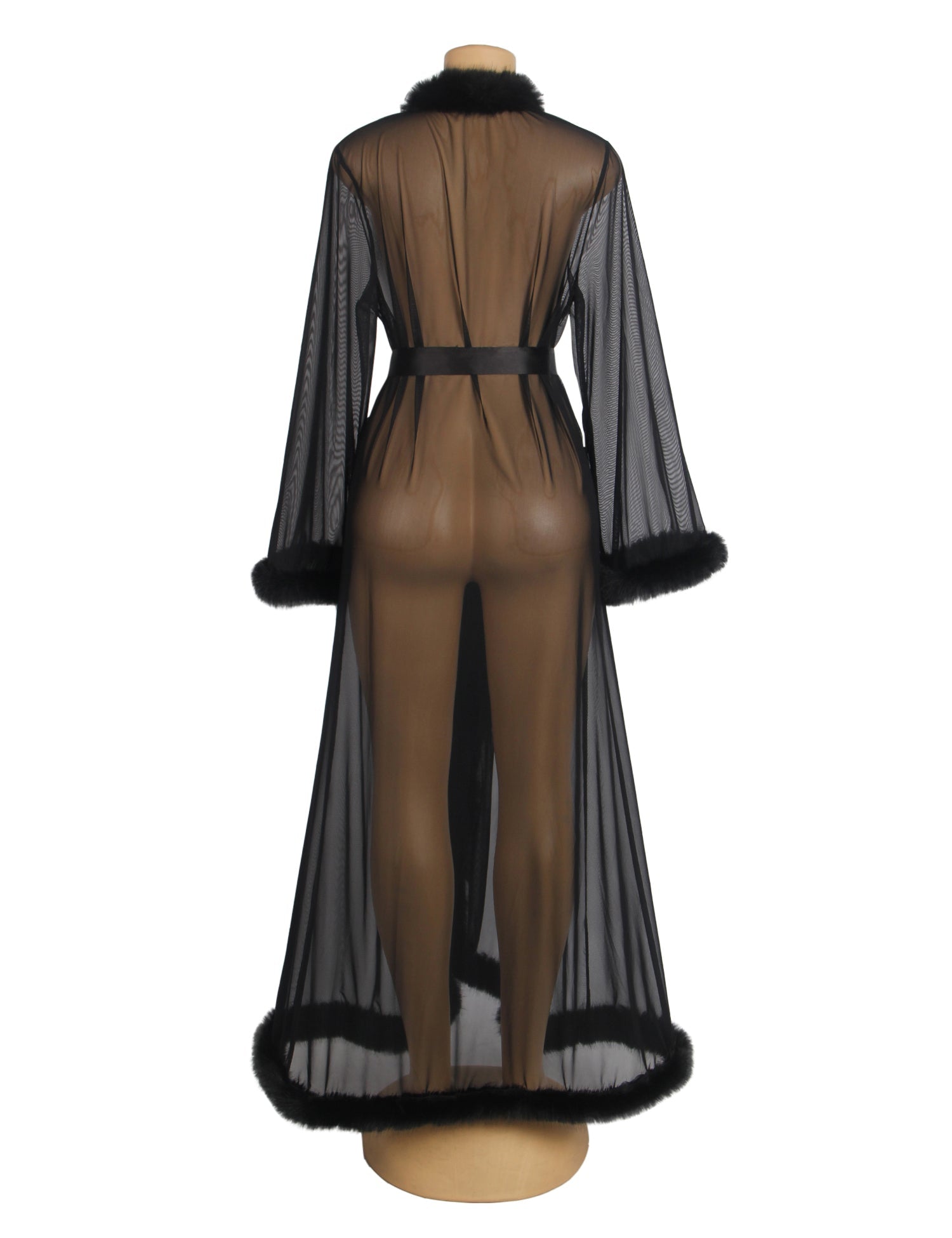 Black Mesh Robe – Faux Mink Fur Trim, Long Sleeve, Floor - Length & Silk Belt - TeaseFashion