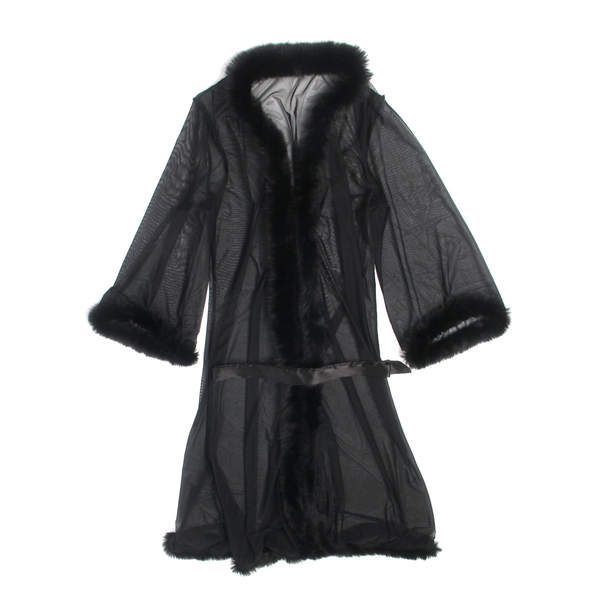 Black Mesh Robe – Faux Mink Fur Trim, Long Sleeve, Floor - Length & Silk Belt - TeaseFashion