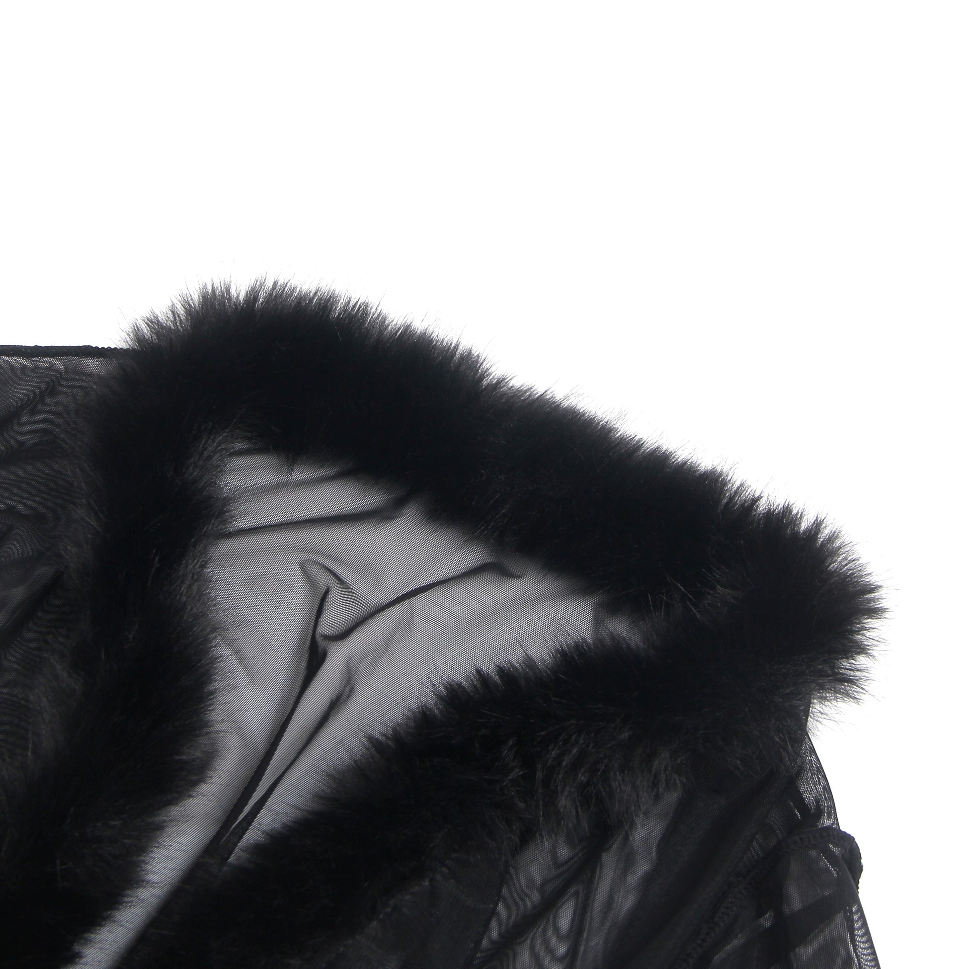 Black Mesh Robe – Faux Mink Fur Trim, Long Sleeve, Floor - Length & Silk Belt - TeaseFashion