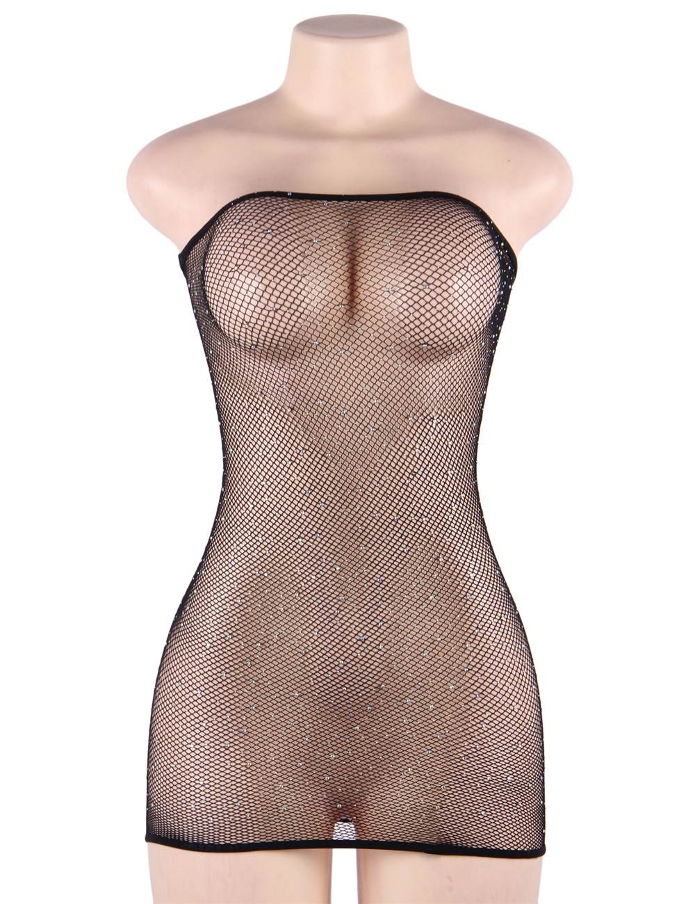 Black Polyamide Fishnet Off - the - Shoulder Bodystocking – Rhinestone Mesh Embellishments - TeaseFashion