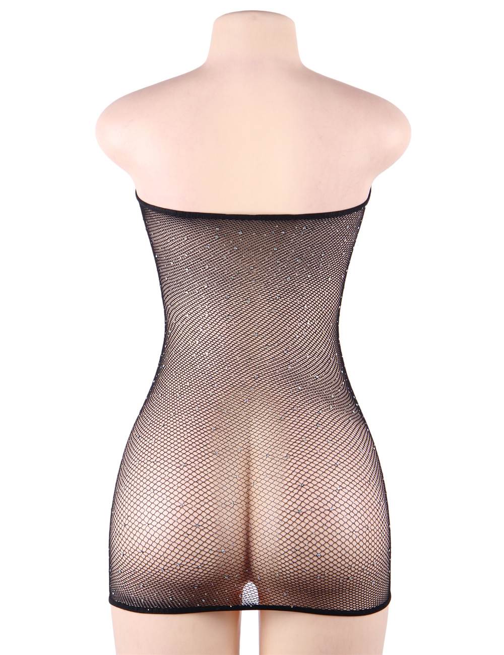 Black Polyamide Fishnet Off - the - Shoulder Bodystocking – Rhinestone Mesh Embellishments - TeaseFashion