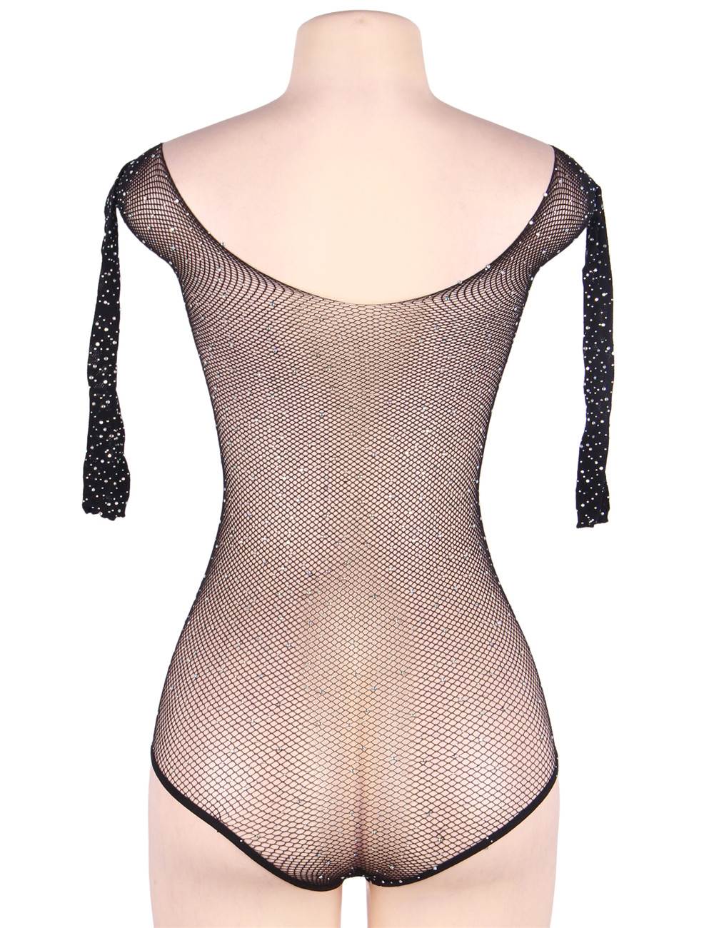 Black Polyamide Long - Sleeve Full - Body Bodysuit – Round Collar & Rhinestone Embellishments - TeaseFashion