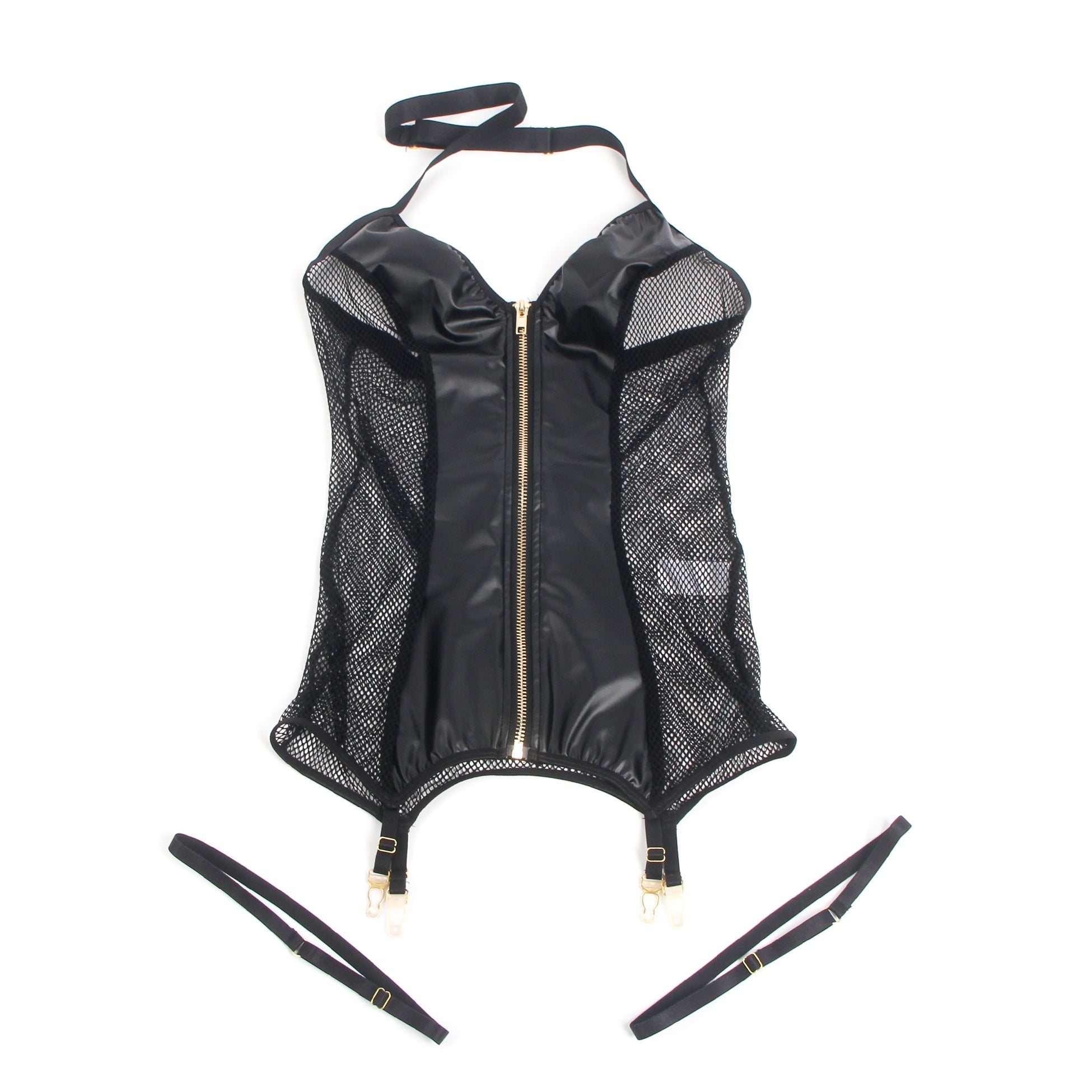 Black PU Leather Mesh Halter Nightgown – Front Zipper, Detachable Leg Strap & Hollow Mesh Back - TeaseFashion