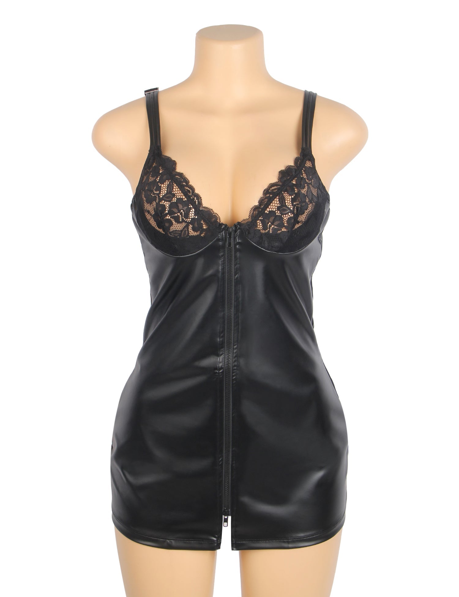 Black PU Leather Mini Dress with Lace Chest Splicing, Front Zipper & Wide Adjustable Straps - TeaseFashion