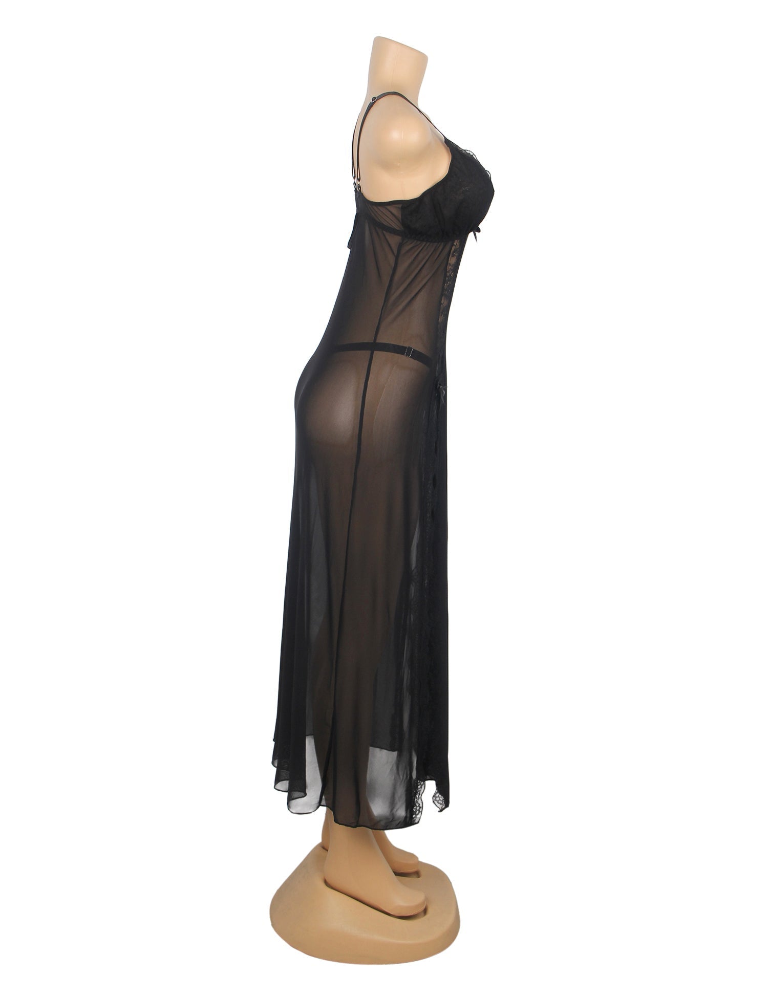Black Mesh & Lace Nightgown – Open Back, Heart Neckline, Front Slit & T - Back - TeaseFashion