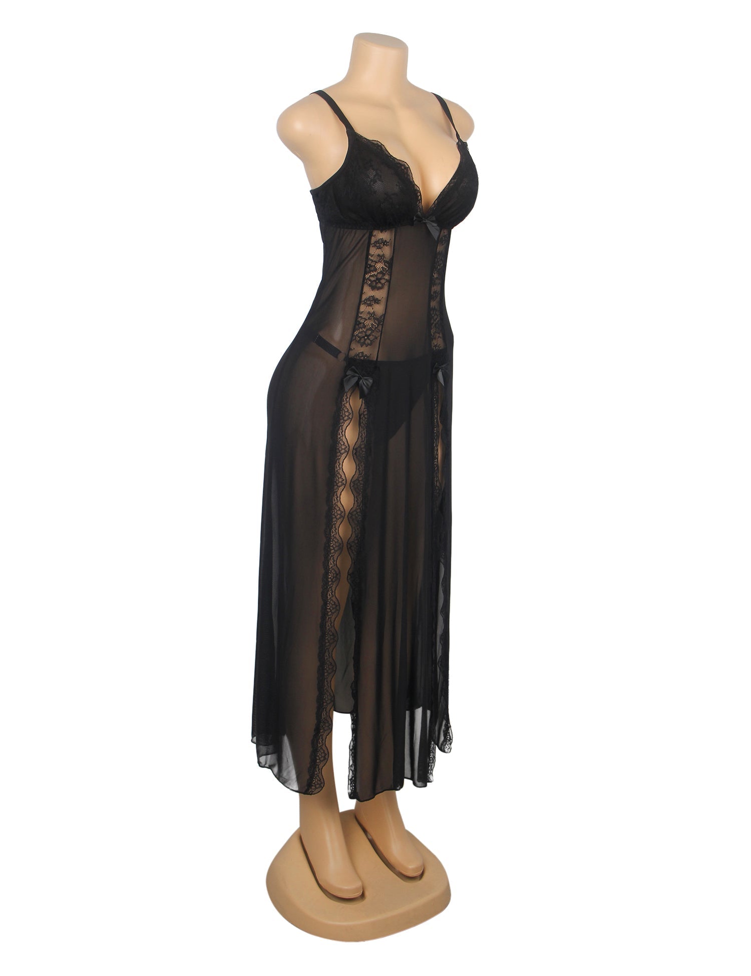 Black Mesh & Lace Nightgown – Open Back, Heart Neckline, Front Slit & T - Back - TeaseFashion