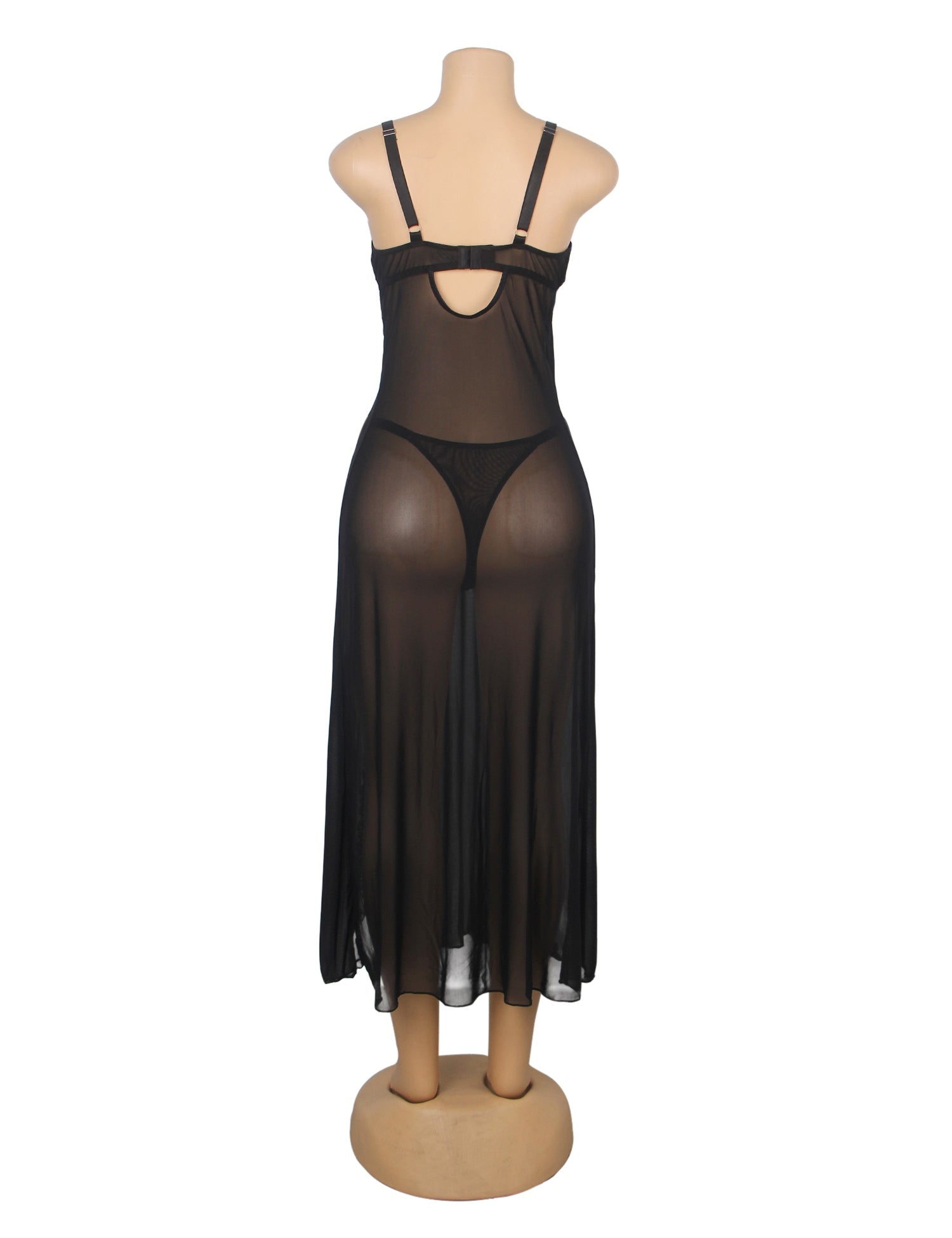 Black Mesh & Lace Nightgown – Open Back, Heart Neckline, Front Slit & T - Back - TeaseFashion