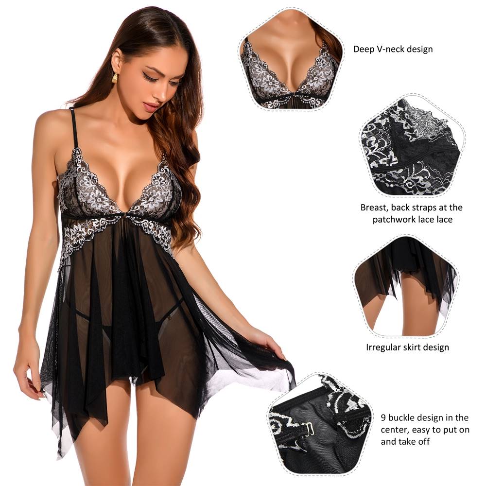 Black Sheer Lace - Stitch Babydoll with Asymmetric Hem Skirt - TeaseFashion