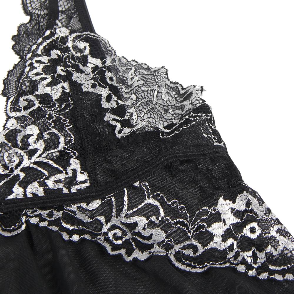 Black Sheer Lace - Stitch Babydoll with Asymmetric Hem Skirt - TeaseFashion