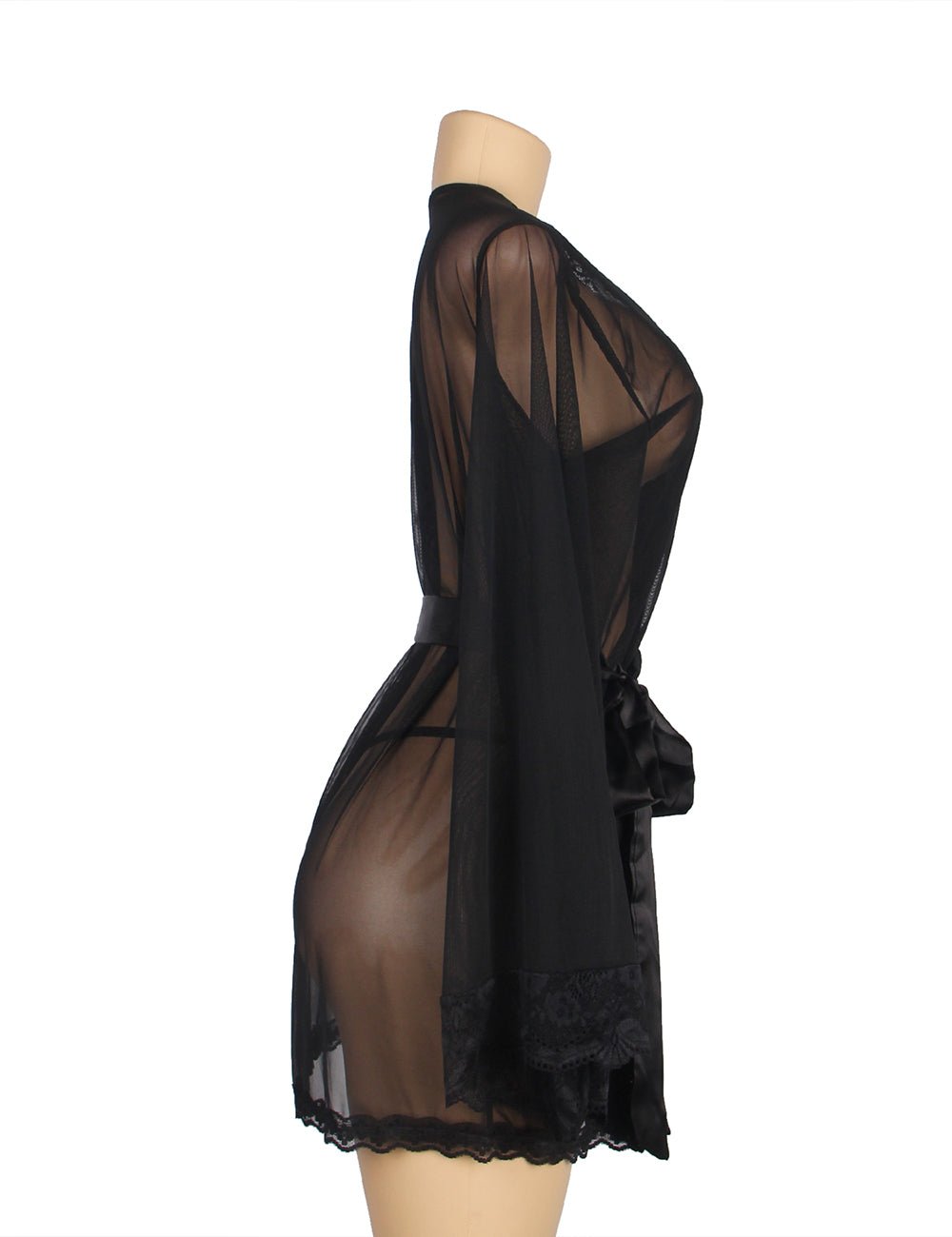 Black Sheer Mesh Sleepwear – Long Sleeves, Open Front & Waist Belt - TeaseFashion