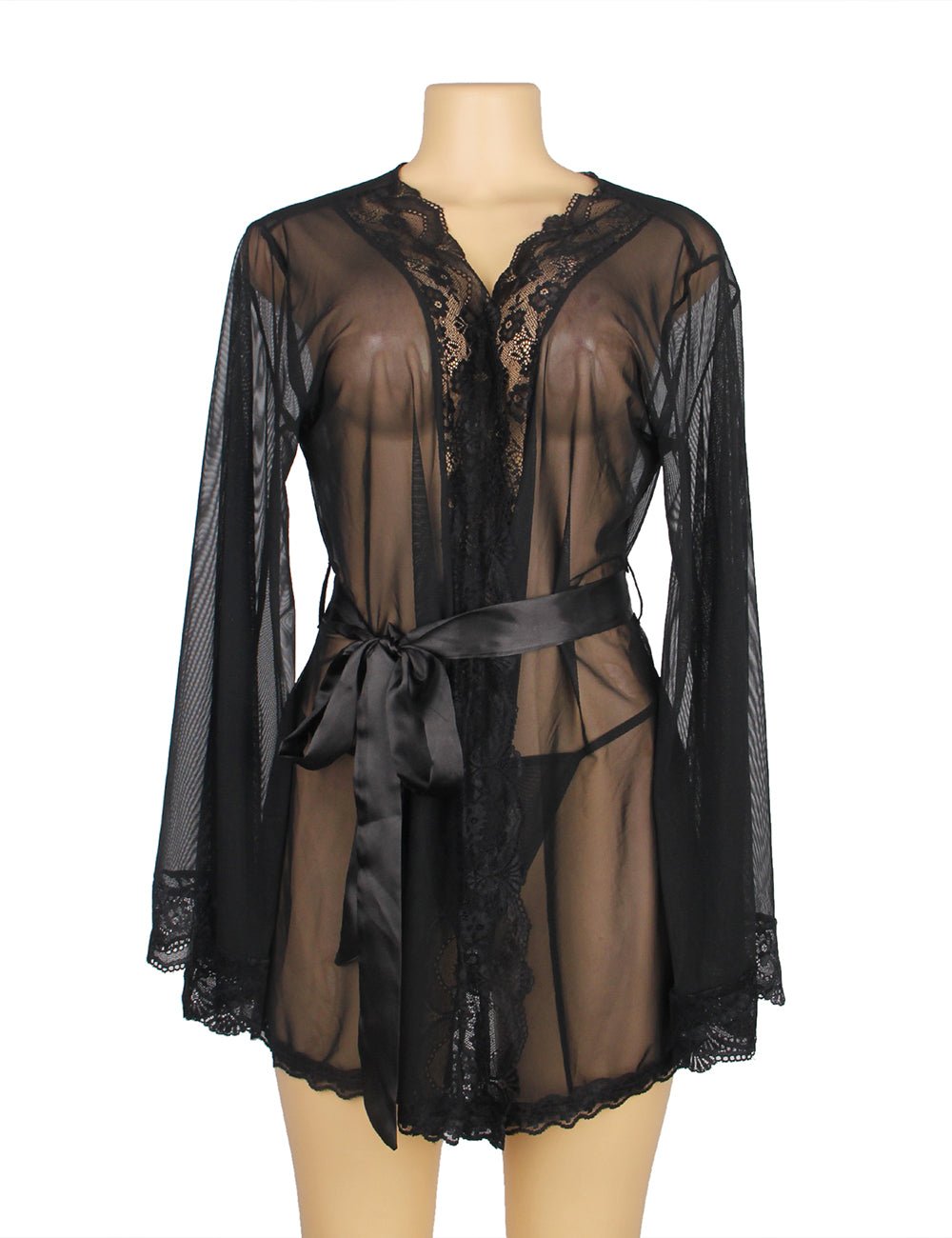 Black Sheer Mesh Sleepwear – Long Sleeves, Open Front & Waist Belt - TeaseFashion