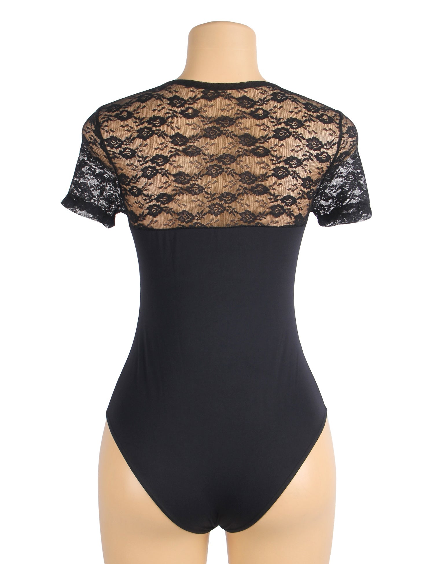 Black Short Sleeve Bodysuit – Lace Mesh on Chest & Sleeves, Round Neck - TeaseFashion