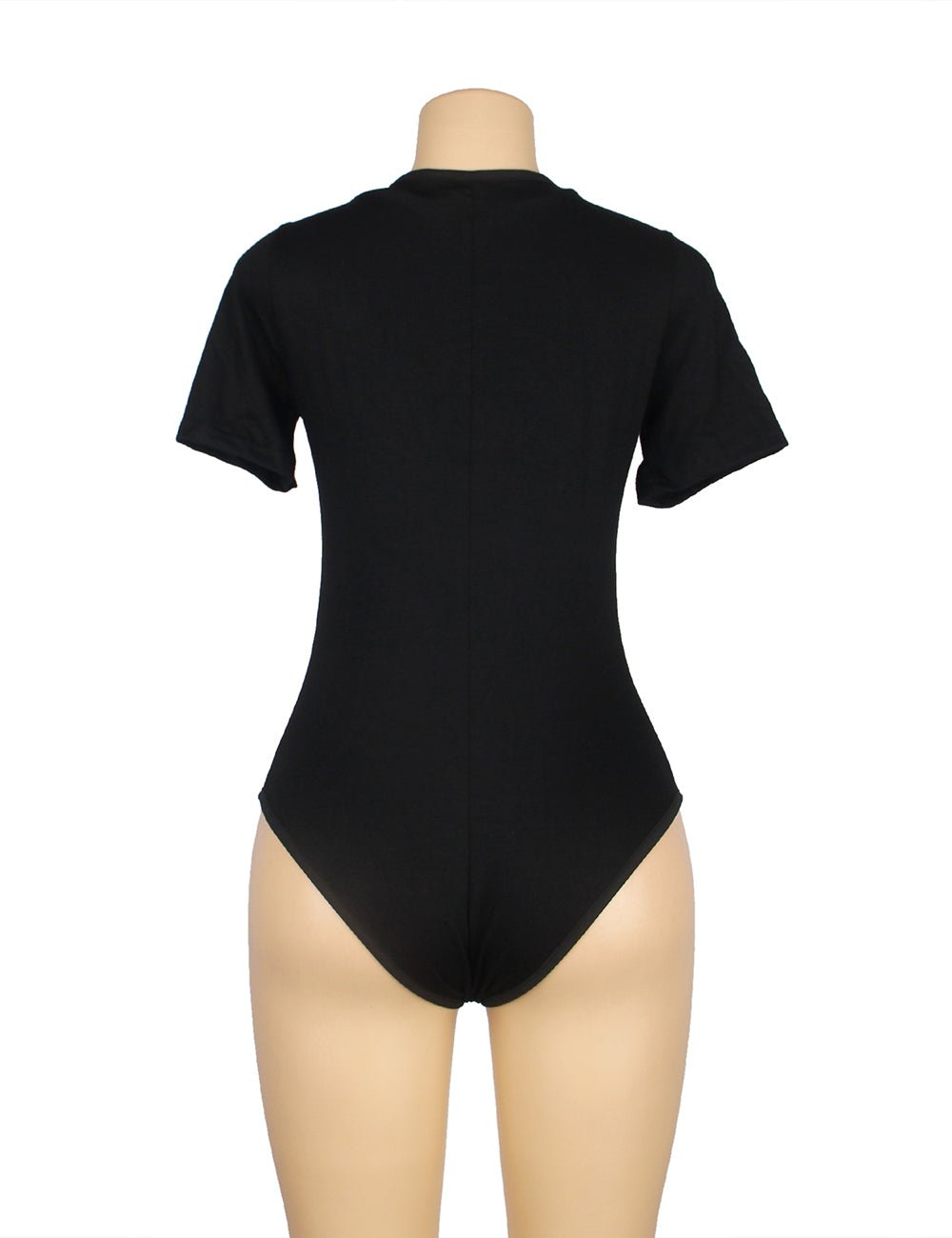 Black Short Sleeve Bodysuit – Rhinestone Buckle, Criss - Cross Straps & Deep V - TeaseFashion