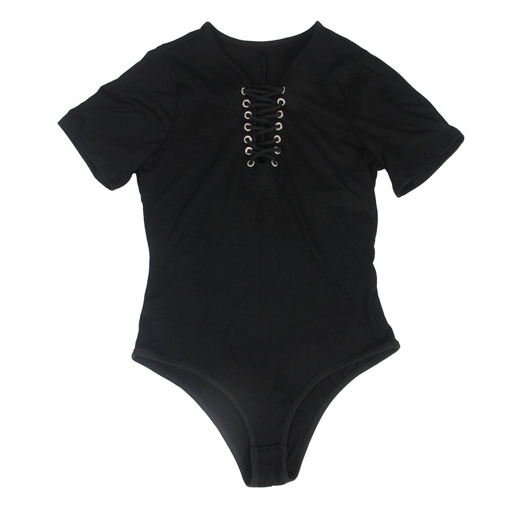 Black Short Sleeve Bodysuit – Rhinestone Buckle, Criss - Cross Straps & Deep V - TeaseFashion
