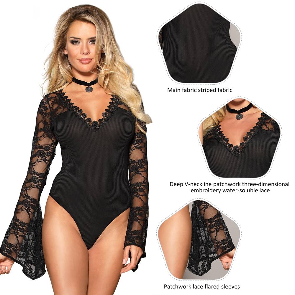 Black Striped Bodysuit – 3D Embroidered Deep V - Neck, Lace Bell Sleeves & Open Crotch - TeaseFashion