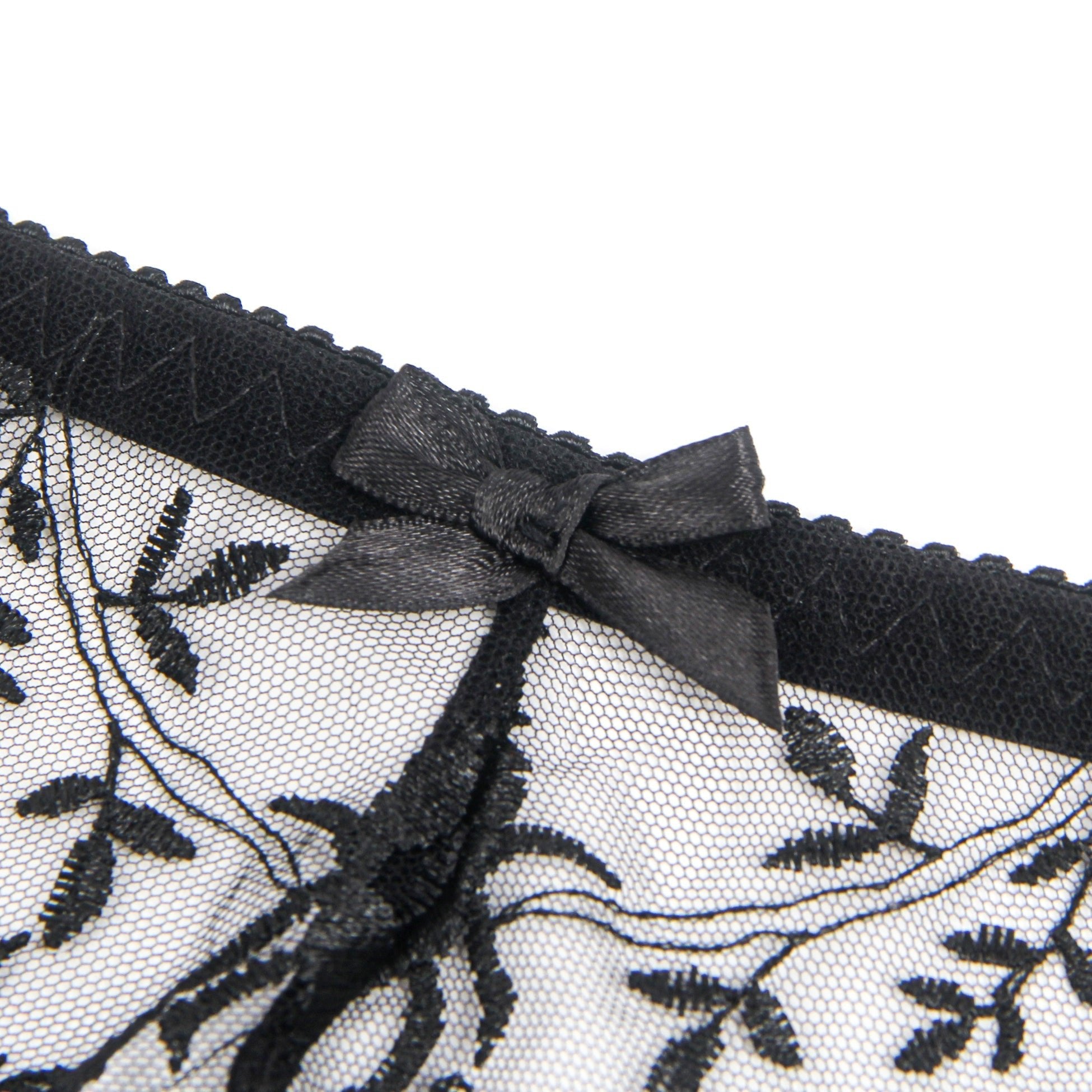 Black Tulle & 3D Embroidery Garter Panty Set with Waist Button - TeaseFashion
