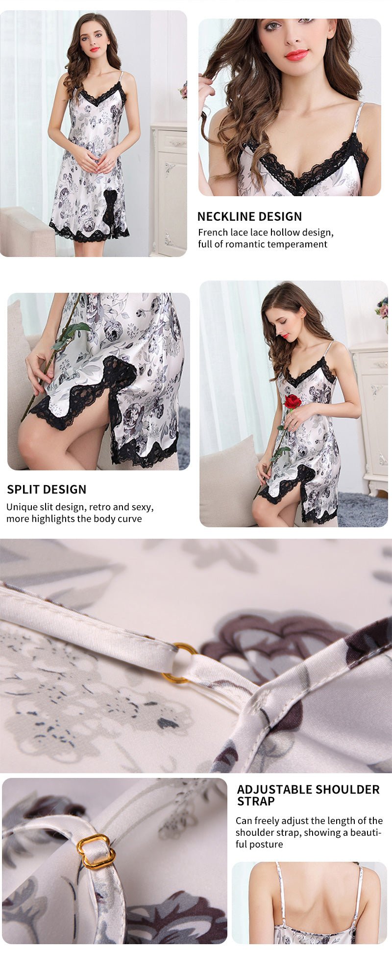 Black with Pink Floral Print Real Silk Suspender Dress Pajamas Nightwear - TeaseFashion
