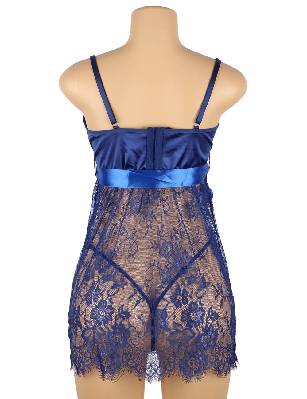 Blue Eyelash Lace Babydoll – Padded Cups, Bow Waist Belt, Wavy Hem & G - String - TeaseFashion