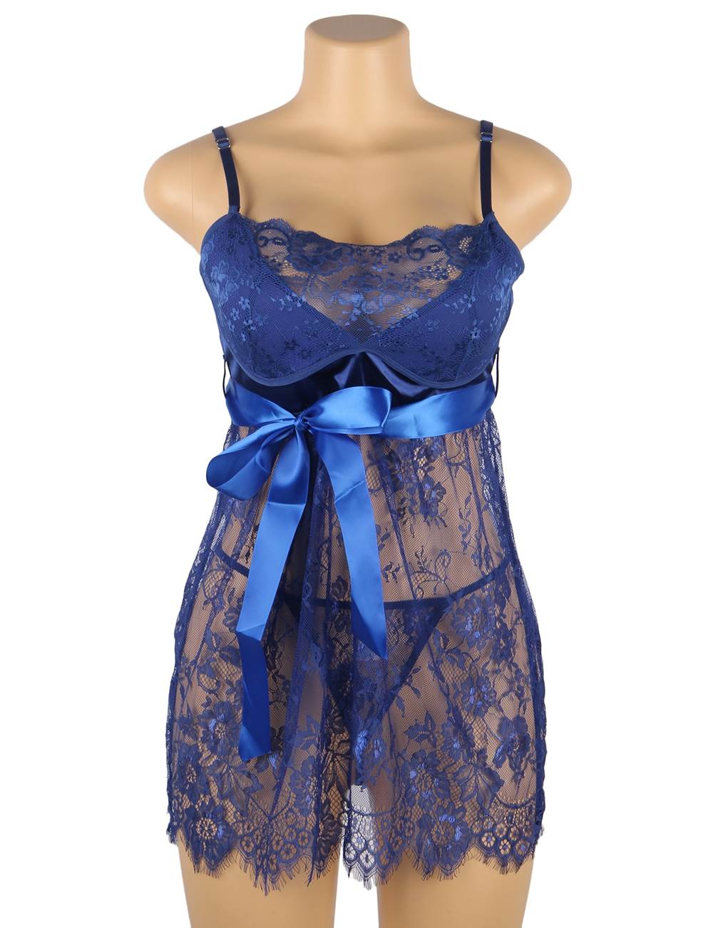 Blue Eyelash Lace Babydoll – Padded Cups, Bow Waist Belt, Wavy Hem & G - String - TeaseFashion