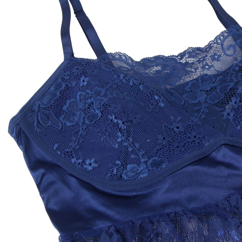 Blue Eyelash Lace Babydoll – Padded Cups, Bow Waist Belt, Wavy Hem & G - String - TeaseFashion