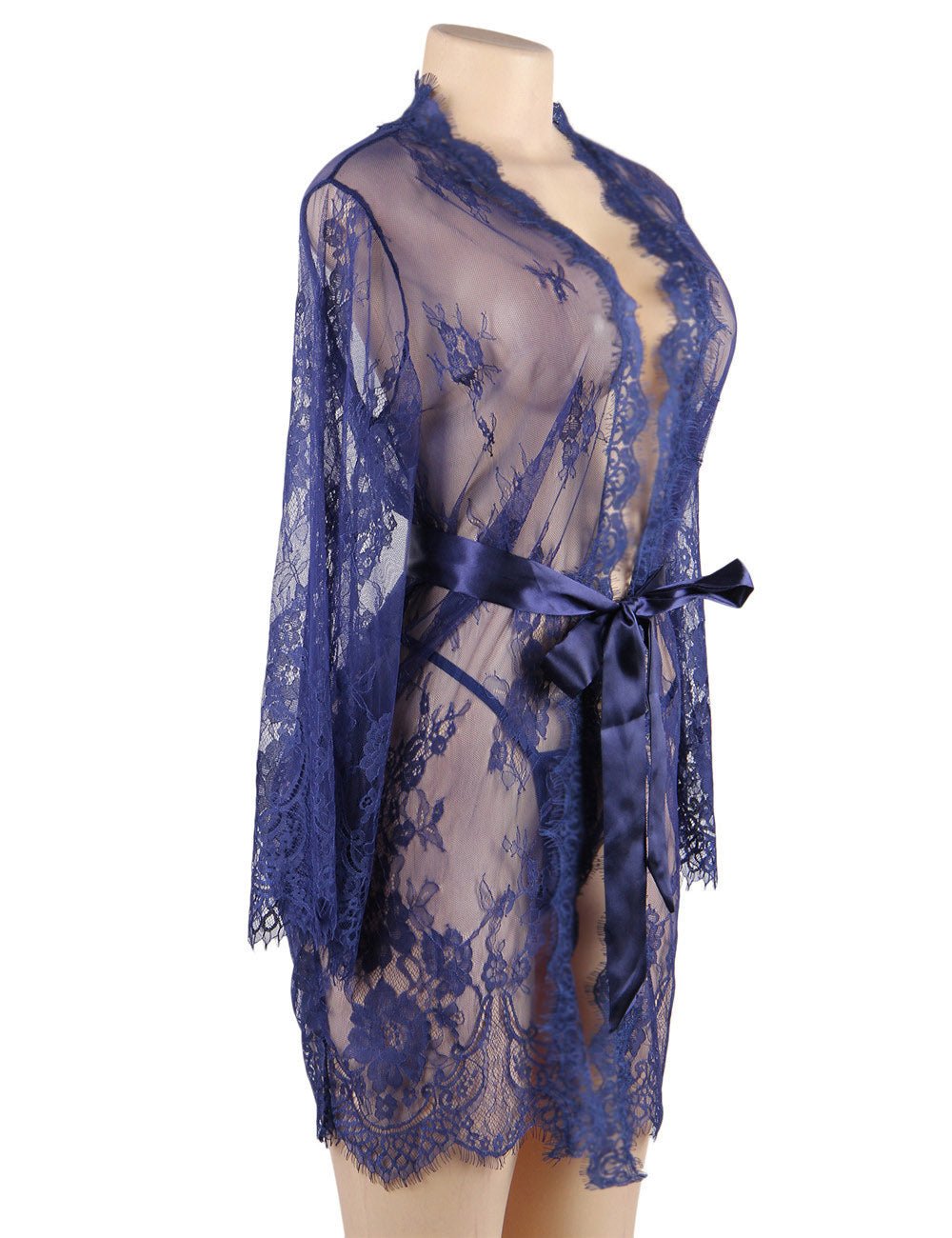 Blue Eyelash Lace Chemise – Wavy Lace Button Placket, Wide Sleeves, Faux Silk Waistband & Thong - TeaseFashion