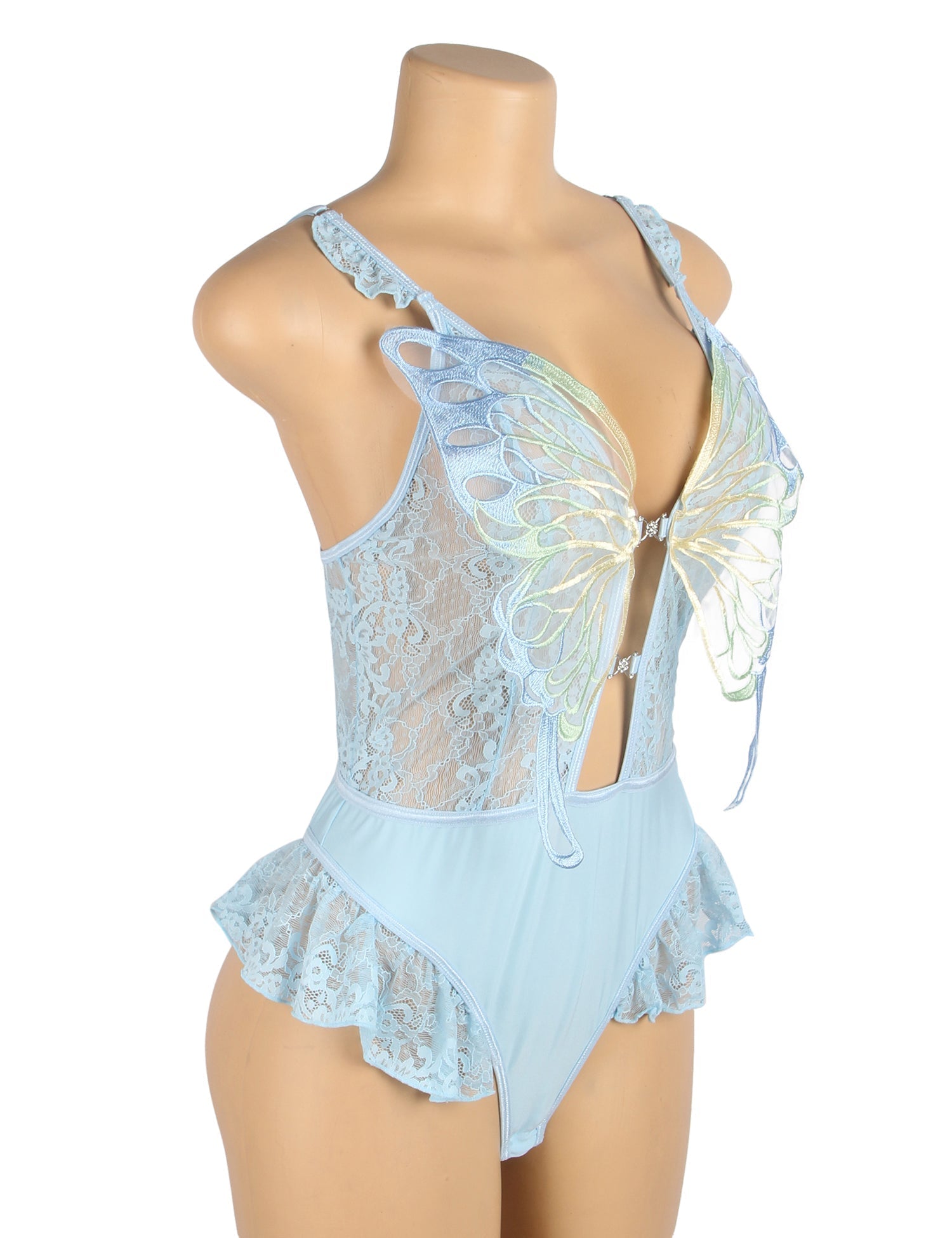 Light Blue Butterfly Lace Bodysuit – Deep V, Hollow Front & Ruffle Trim - TeaseFashion