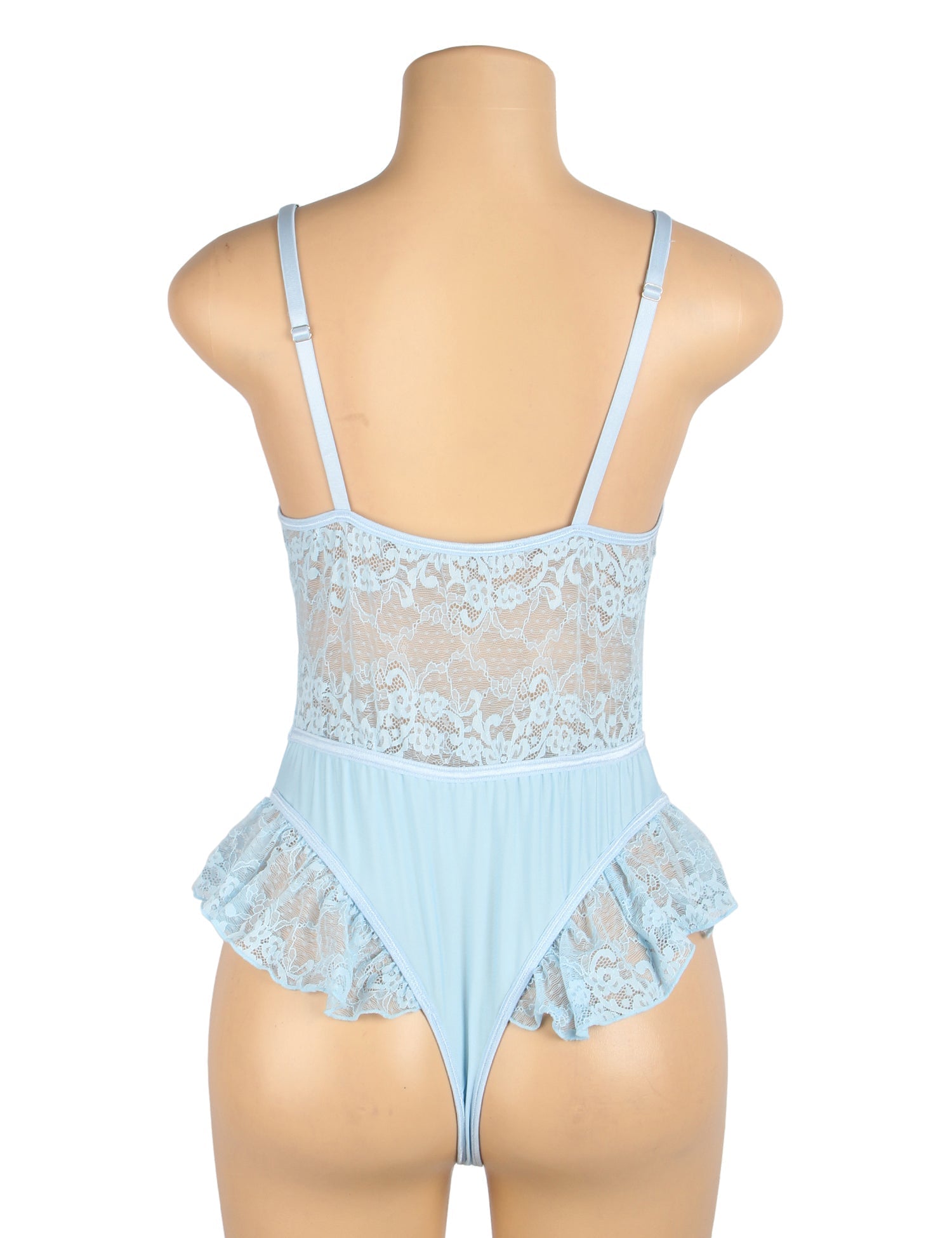 Light Blue Butterfly Lace Bodysuit – Deep V, Hollow Front & Ruffle Trim - TeaseFashion