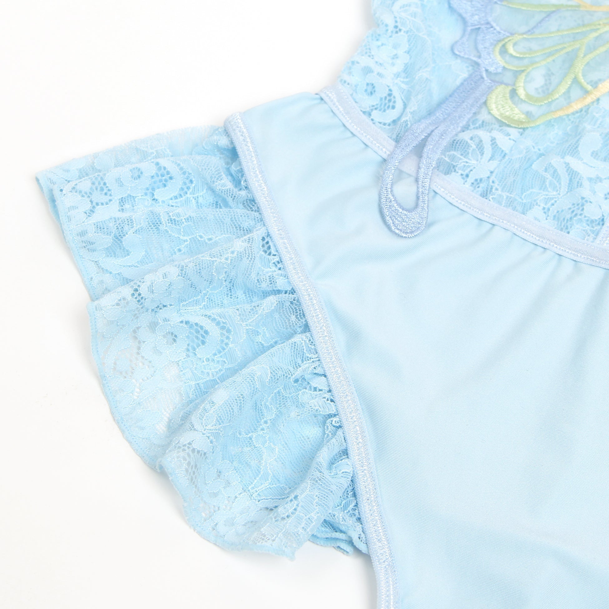Light Blue Butterfly Lace Bodysuit – Deep V, Hollow Front & Ruffle Trim - TeaseFashion