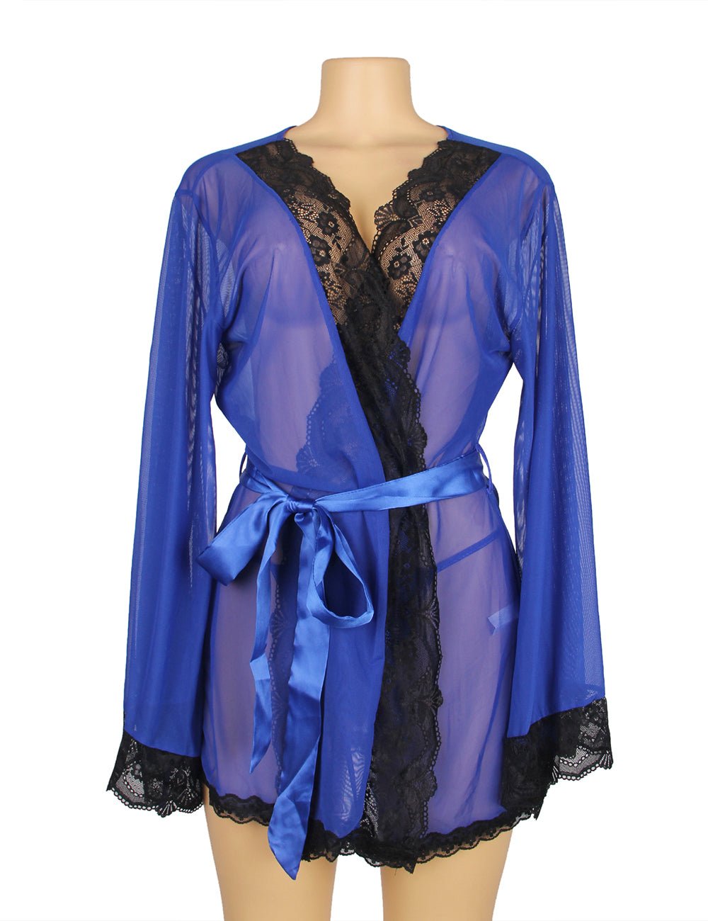 Blue Sheer Mesh Sleepwear – Long Sleeves, Open Front & Waist Belt - TeaseFashion
